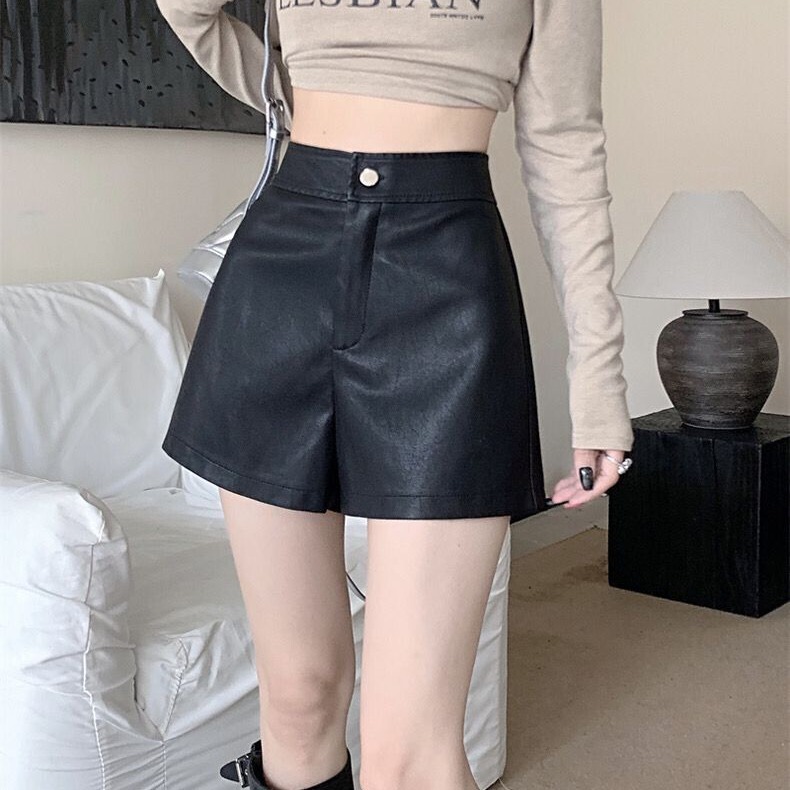Short A-Line Hot Pants for Petite Figures, Fashionable Casual High-Waisted Slimming Black Wide-Leg Pants, Pu Leather Shorts for Girls Short A-Line Hot Pants for Petite Figures, Fashionable Casual High-Waisted Slimming Black Wide-Leg Pants, Pu Leather Shorts for Girls