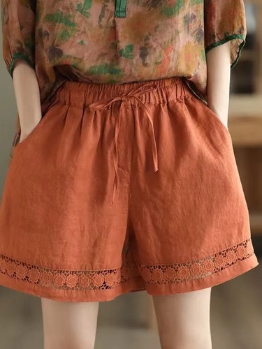 Summer thin linen shorts for women, retro lace frill elastic waist casual pants, loose versatile wide-leg cotton linen pants 
