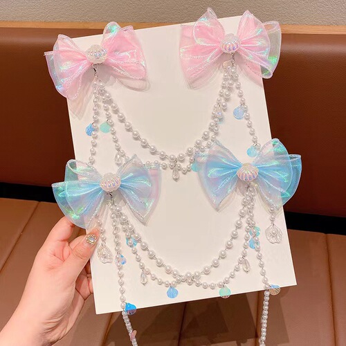 Children's hairpin Japanese exquisite bow pearl chain clip cute girl sweet super fairy hair accessories