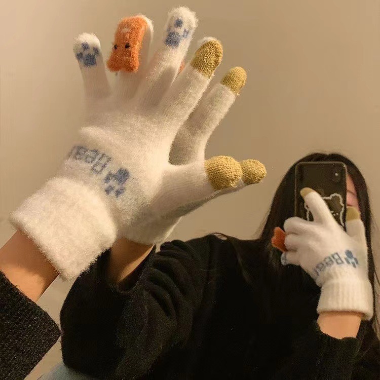 新款韩版可爱小熊触屏ins加绒加厚手套保暖学生骑行冬天毛线男女
