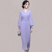 2024秋季女装新款气质法式紫色灯笼袖收腰显瘦雪纺长连衣裙速卖通