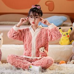 秋冬用子供フランネルパジャマ、ベビー・中高生向けコーラルフリースルームウェア、親子お揃いセット、厚手で暖かい