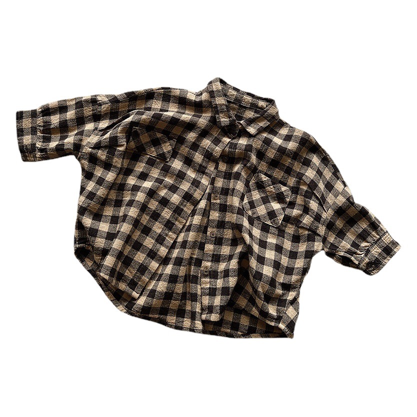 Camisa de algodón y lino a cuadros para niños otoño nuevos niños estilo coreano personalidad suelta abrigo de longitud media ropa de hombre y mujer moda