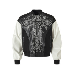 High Street Dark Cross Embroidered Baseball Jacket Men's Trendy Color Matching Sleeves Crocodile Pattern PU Leather Jacket