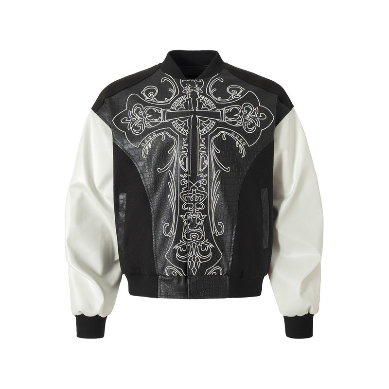 High Street Dark Cross Embroidered Baseball Jacket Men's Trendy Color Matching Sleeves Crocodile Pattern PU Leather Jacket High Street Dark Cross Embroidered Baseball Jacket Men's Trendy Color Matching Sleeves Crocodile Pattern PU Leather Jacket
