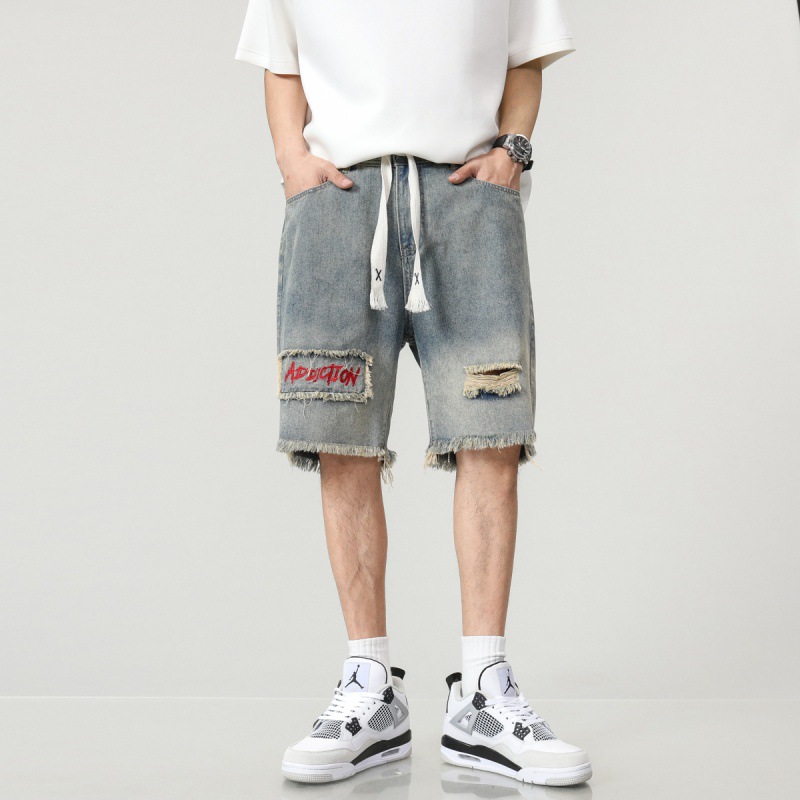 2024夏季款休闲假模图水洗微弹松紧抽绳超大码