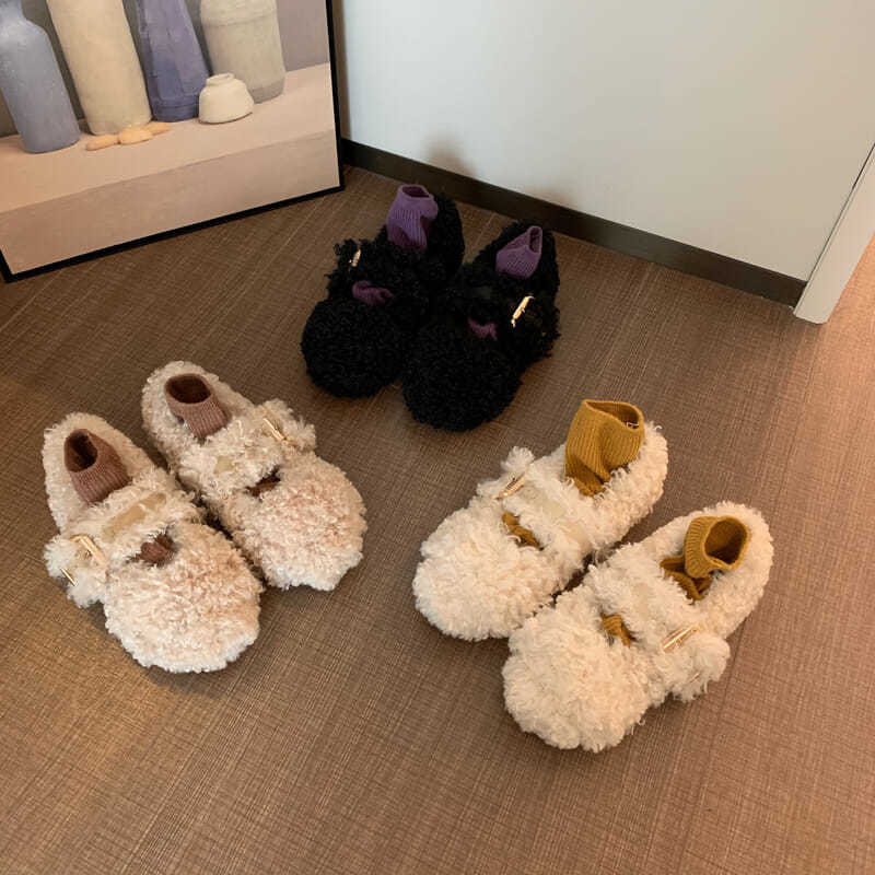Tamanho grande sapatos peludos para outono e inverno exterior usar nova sola plana internet celebridade encaracolado mais gorro de veludo única mulher_voghion.com