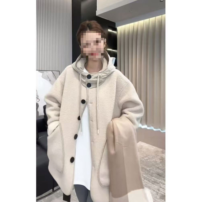 패셔너블한 새로운 한국 스타일 원피스 모피 코트 느슨한 후드 스티칭 큰 주머니 레이지 스타일 가을과 겨울