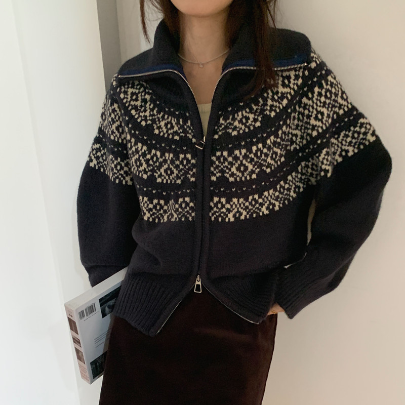 Jacquard coreano cremallera corta de punto cardigan otoño / invierno 2025 nuevo suéter de la isla de Fair chaqueta retro de Navidad