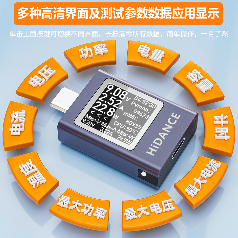 Type-C接口多功能容量测试仪功率计50V12A范围炬为直流电流电压表