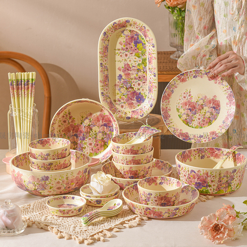 Flower-Like Ceramic Tableware Set, Dish Set, Household Dish Plate, Chopsticks, Spoon, Soup Plate, Glazed Ceramic Tableware Set Flower-Like Ceramic Tableware Set, Dish Set, Household Dish Plate, Chopsticks, Spoon, Soup Plate, Glazed Ceramic Tableware Set
