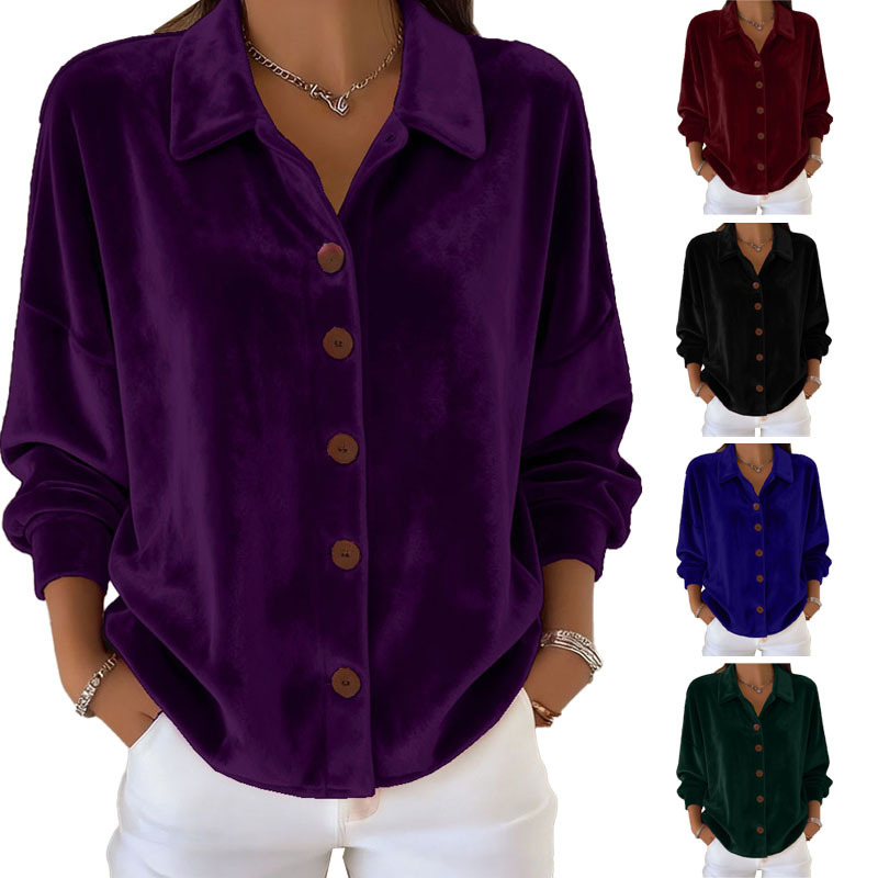 2025 European and American Cross-Border New Women's Casual Long-Sleeve Shirt with Collar, Velvet Cardigan Women's Top Shirt
