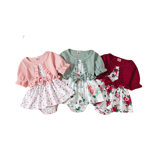 Summer and Autumn New Baby Girls' One-piece Romper with Short Sleeve Top, False Two-Piece with Bow Print Skirt, Diaper Cover Tunic Dress