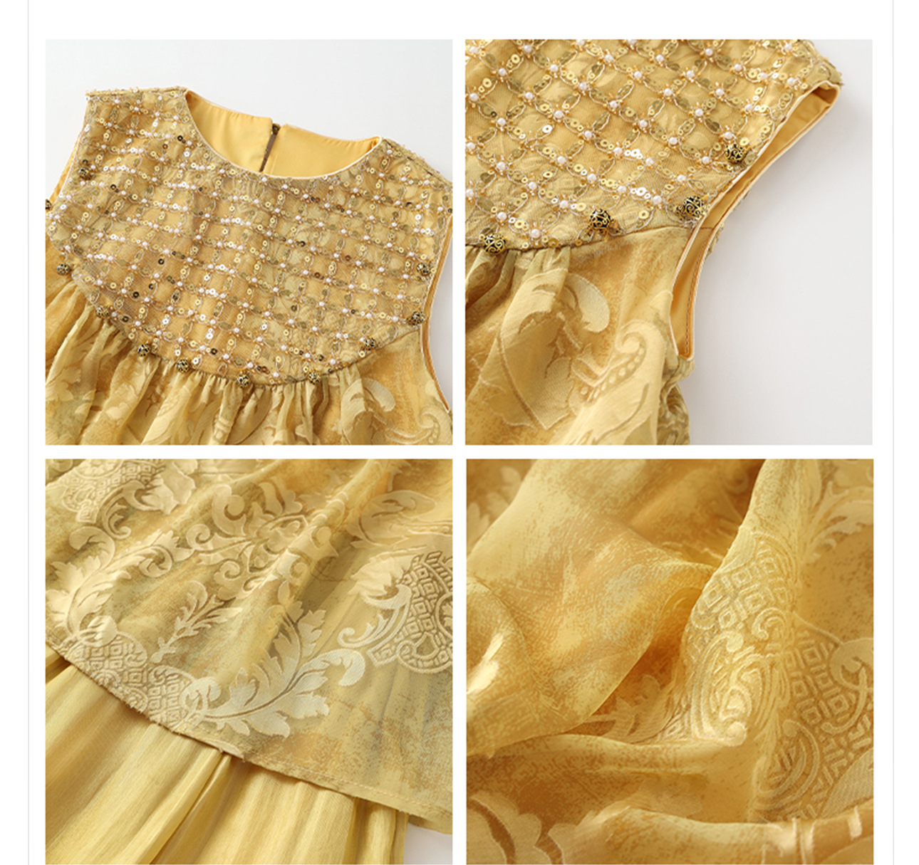 Đầm maxi nữ phong cách Trung Hoa mới, tay không, đính cườm lụa, dáng thắt eo N6041 — màu vàng, xanh lá cây chi tiết 44