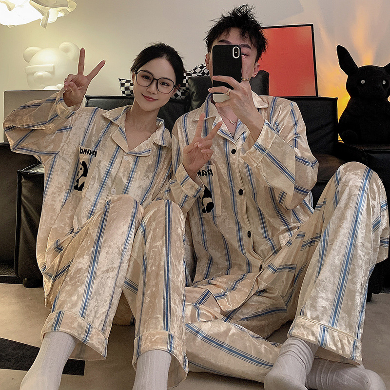 Pareja de pijamas de primavera y otoño de terciopelo dorado de manga larga de mujer de alto grado Camelia 2023 nuevos hombres de invierno homewear