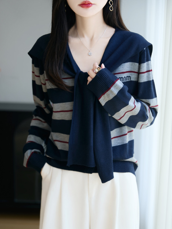 早秋新款条纹披肩精纺羊毛针织开衫女V领休闲减龄百搭长袖上衣|undefined