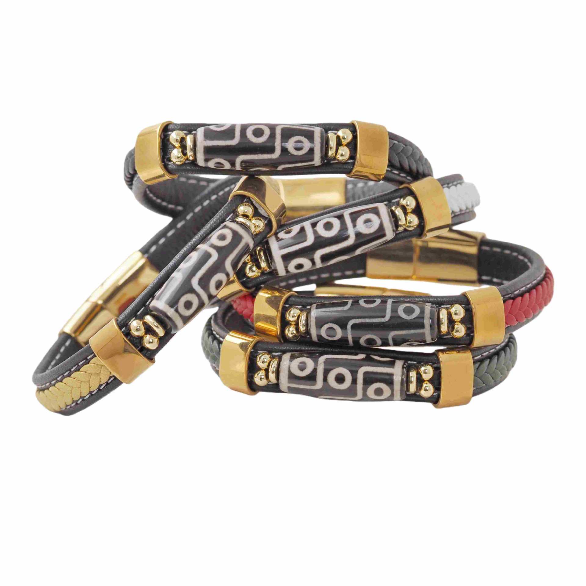 Unique Stainless Steel Leather Bracelet Jewelry Tianzhu Dzi Bead Charm Bracelet Men's Magnetic Buckle Gold Bracelet