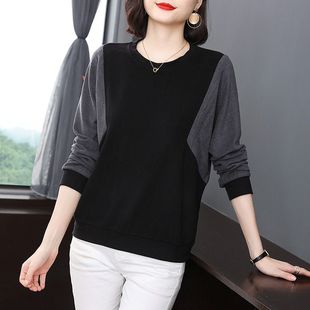 plus size Women's Long-sleeved T-shirt 2025 New Stitching Contrast Base Shirt Middle-aged Noble Mother Loose Top