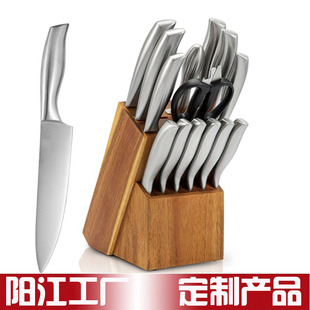 Cross-Border Knife Kitchen Knife Set Stainless Steel 15-Piece Knife Hollow Handle Knife Set Wooden Knife Holder Yangjiang Factory