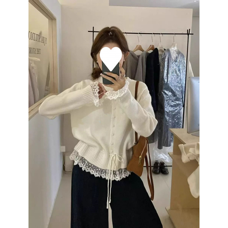 韩系甜美减龄蕾丝花边收腰系带毛衣女士春秋宽松显瘦百搭圆领上衣|undefined