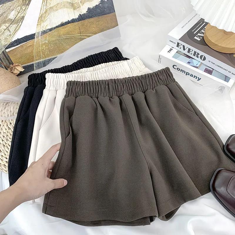 elastic high waist elegant loose woolen shorts women's winter design sense outerwear all-match wide leg A- shaped casual boots pants