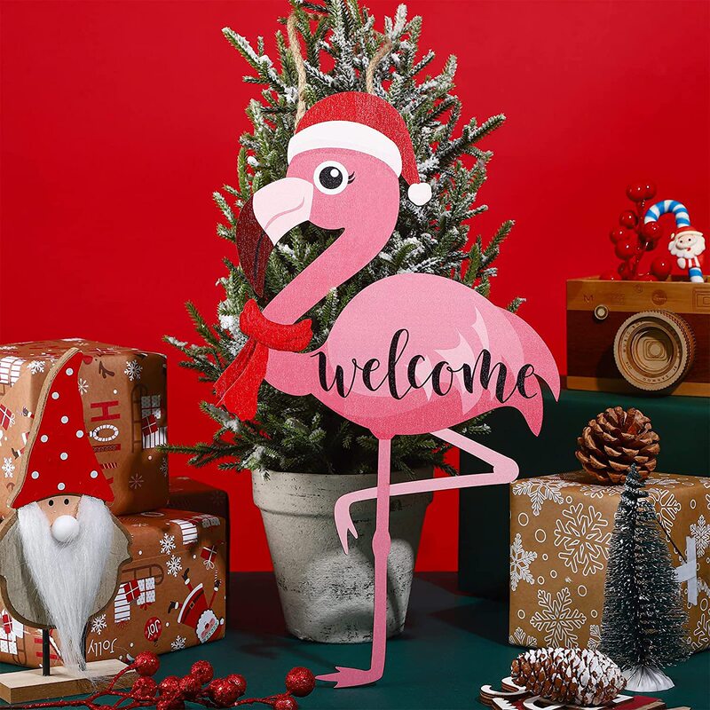 Cross-border Christmas flamingo welcome sign farmhouse hallway wooden Pink hanging decoration garden front door holiday decoration
