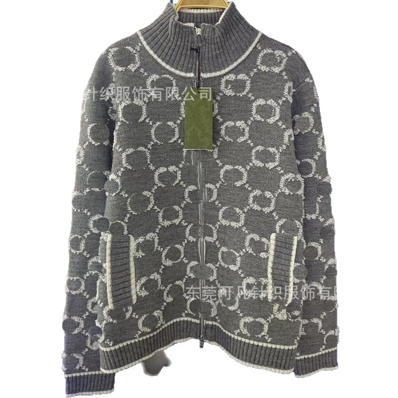 G家立领拉链长袖针织开衫男女同款外套上衣双G植绒立体字母宽松