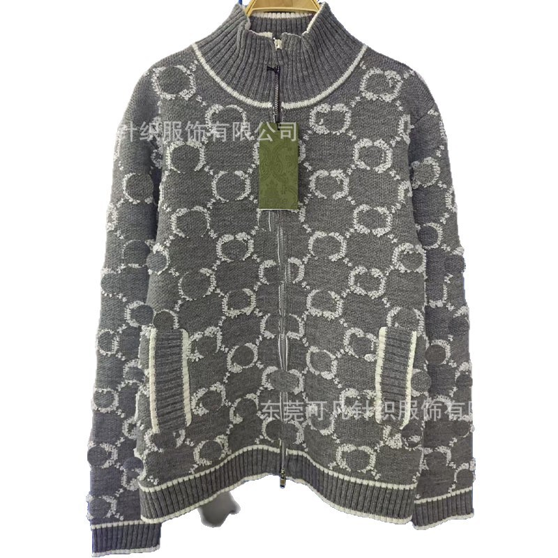 G Brand Stand Collar Zipper Long Sleeve Knit Cardigan Unisex Jacket Top Double g Flocked Three-Dimensional Letter Loose Fit