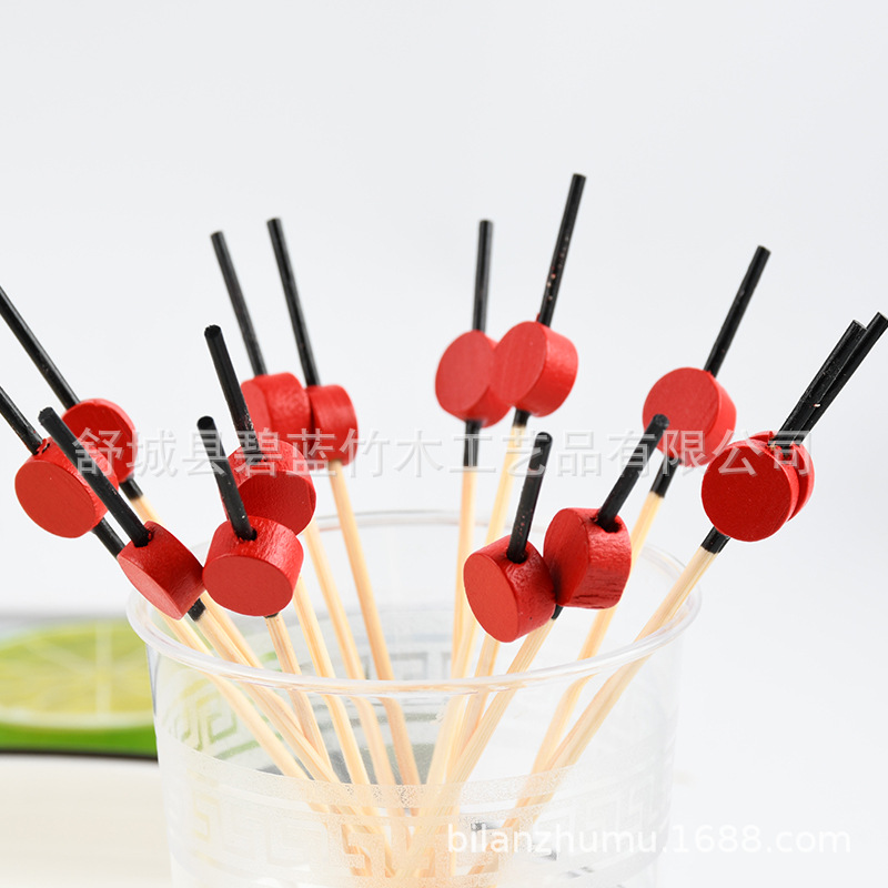 Perlas rojas de bambú etiqueta de cóctel etiqueta de fruta etiqueta de té de leche desechable horquilla de fruta de madera al por mayor