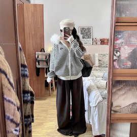 韩系高级感条纹大毛领连帽针织开衫毛衣女秋冬宽松慵懒风外套上衣