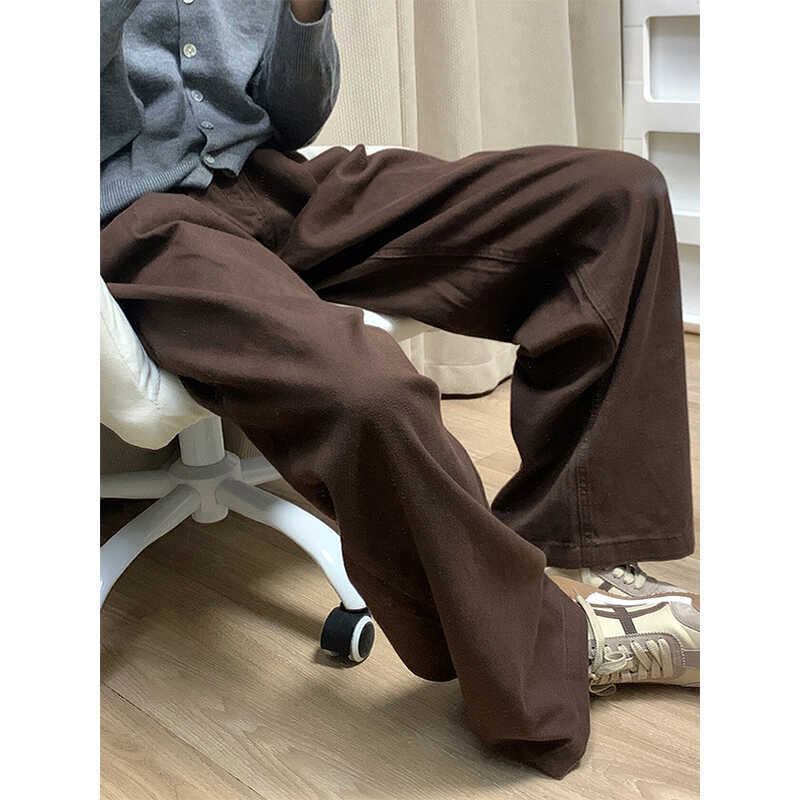 大码深咖色牛仔裤女秋季新款胖mm宽松高腰显瘦阔腿裤梨形身材裤子