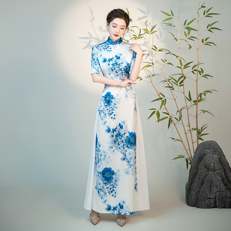 White blue floral chinese dress model show aodai Vietnam style Cheongsam  party oriental style Qipao Ethnic Style Walk Performance Dress