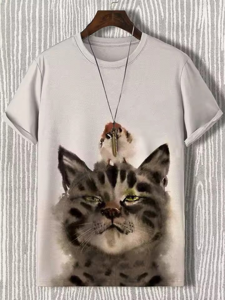 Tinta Jianghu Cat Dog Hero 3D Impresión digital Spot Moda callejera para hombres Camiseta de manga corta con cuello redondo y hombro