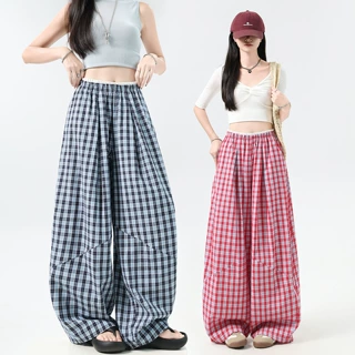 韩系花边撞色格子阔腿裤女夏季新款高腰百搭宽松遛弯裤直筒休闲裤