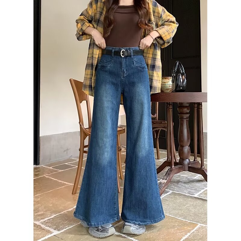 Dark High Waist No-Leg Trumpet Stretch Jeans Women's Spring and Autumn New Flesh Covering plus size chubby girl Slim Look All-Match Pants