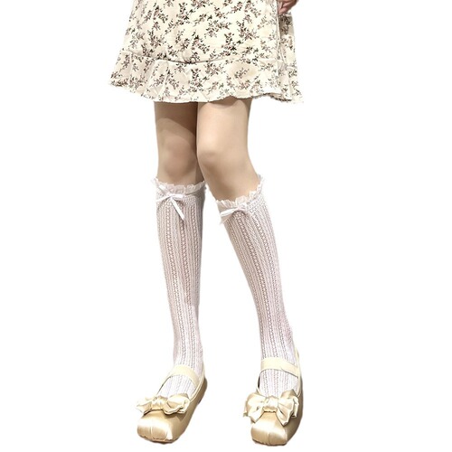Mary Jane lace-up openwork mesh children's mid-calf thin breathable butterfly knot stacker calf socks JK summer