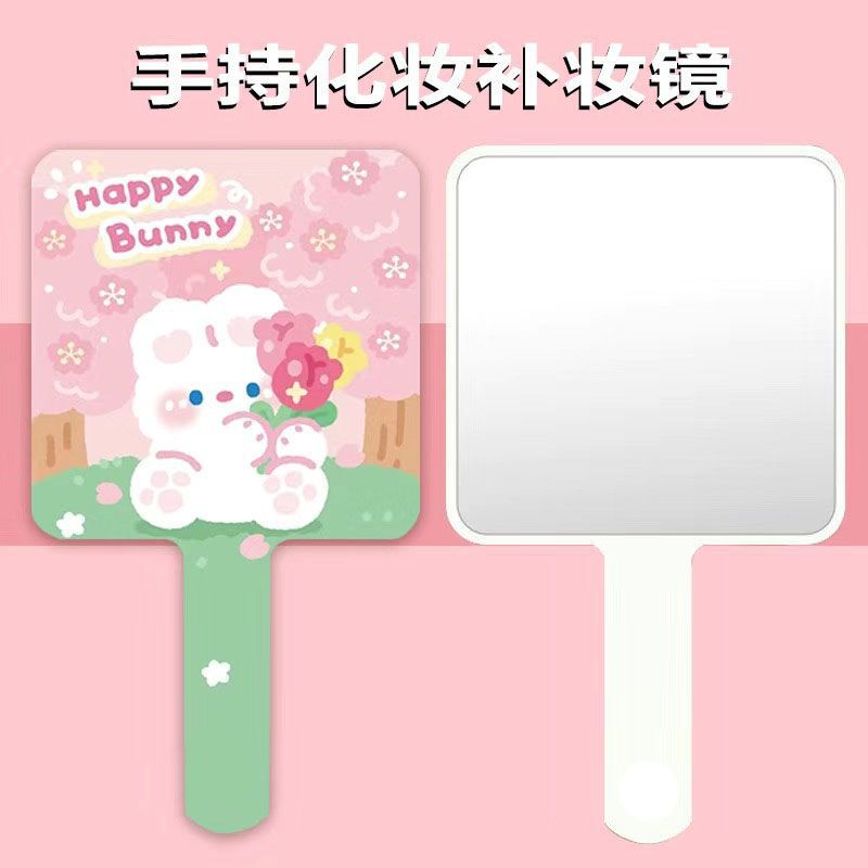 ハンドヘルド化粧鏡、かわいいハンドルタイプ、ハンドヘルド、ポータブル、インターネットセレブスクエア化粧鏡、学生両面印刷|undefined