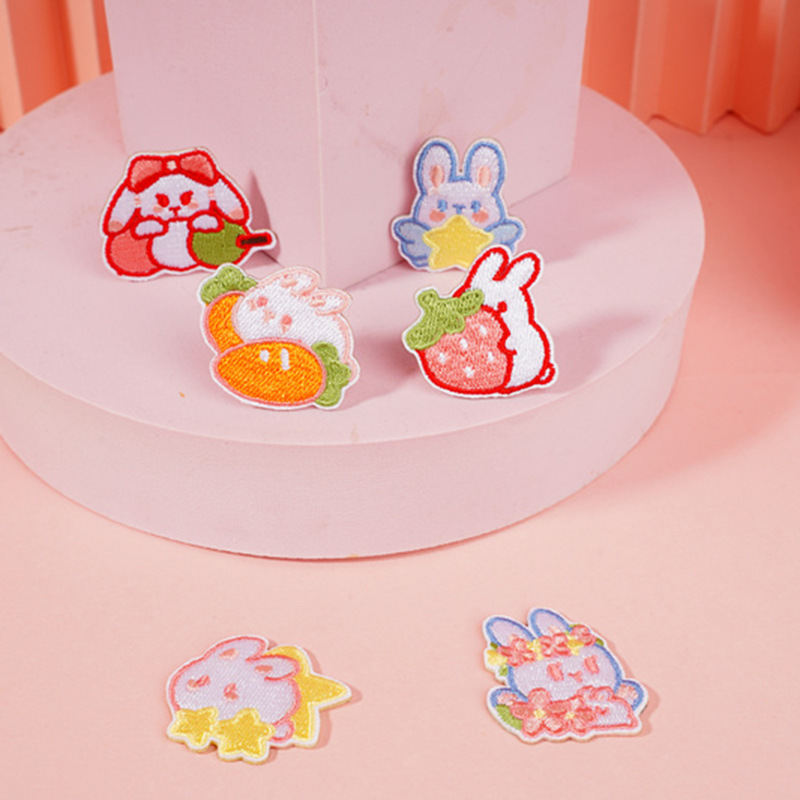 Ins Strawberry Rabbit Self-Adhesive Embroidery Patch DIY Fabric Patch Clothing Phone Case Decoration Puppy Embroidery Patch Magic Sticker