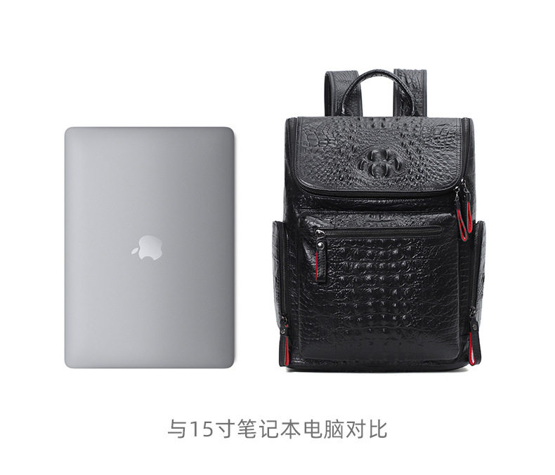 Ba lô da bò thật họa tiết vân cá sấu, ngăn laptop 15.6 inch, 30x11x40 cm — Biển kéo kim loại vân cá sấu, Vân cá sấu màu đen chi tiết 12