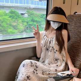 法式水墨碎花挂脖吊带连衣裙女夏宽松无袖海边度假沙滩长裙子及踝