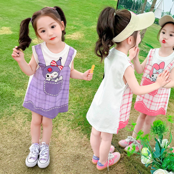 Dopamine Wear Girls' Kulomi dress Summer New Children's Short-sleeved Fake Two-piece Summer Dress Cute Skirt