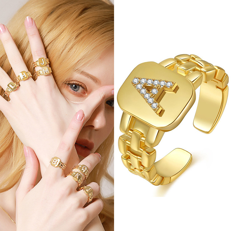 Anillos de letras de moda de bloggers europeos y americanos, joyería chapada en oro con diseño de correa de reloj, anillos de letras abiertos.