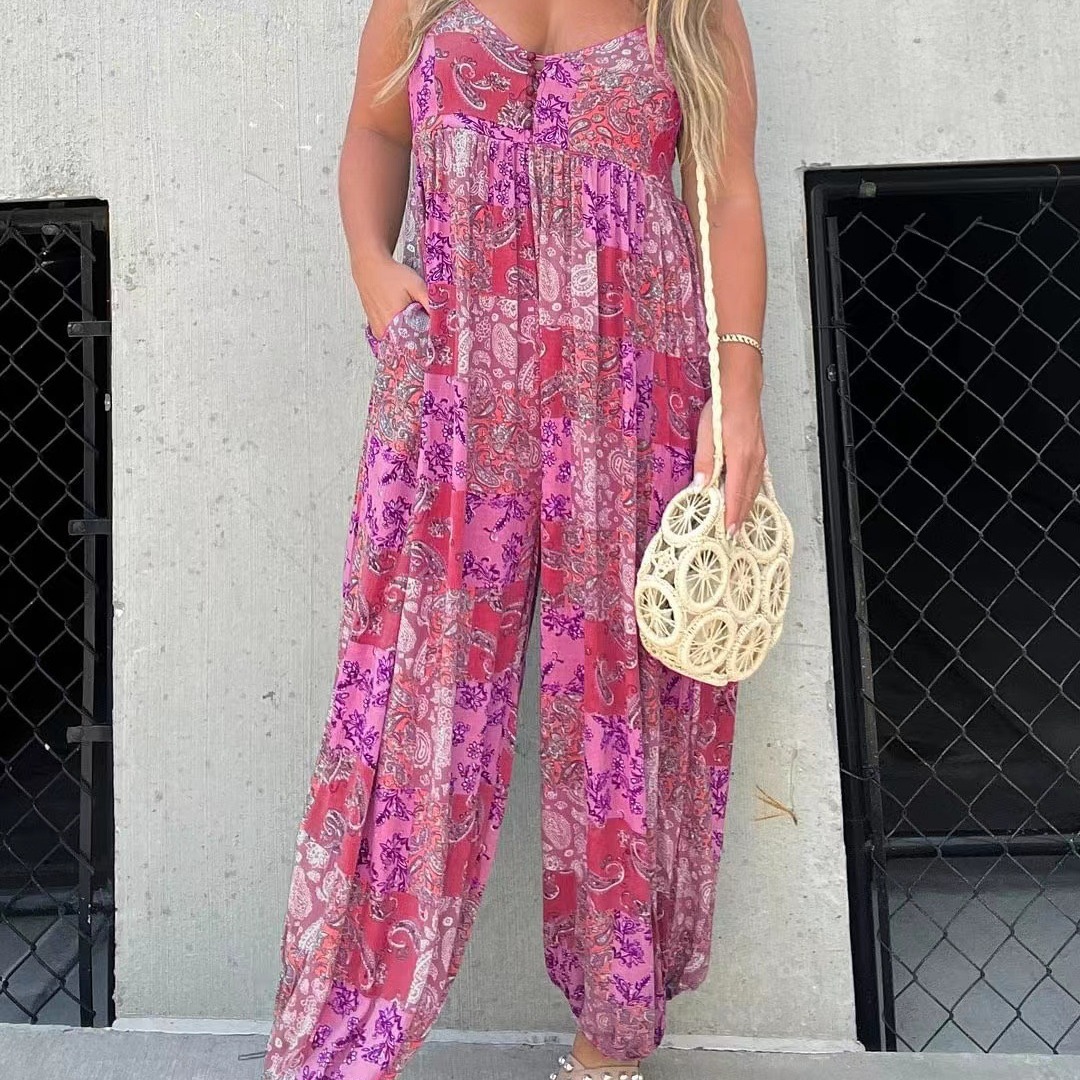 Mono holgado de tirantes con estampado de moda y cintura alta para mujer, el más vendido de Amazon Wish.