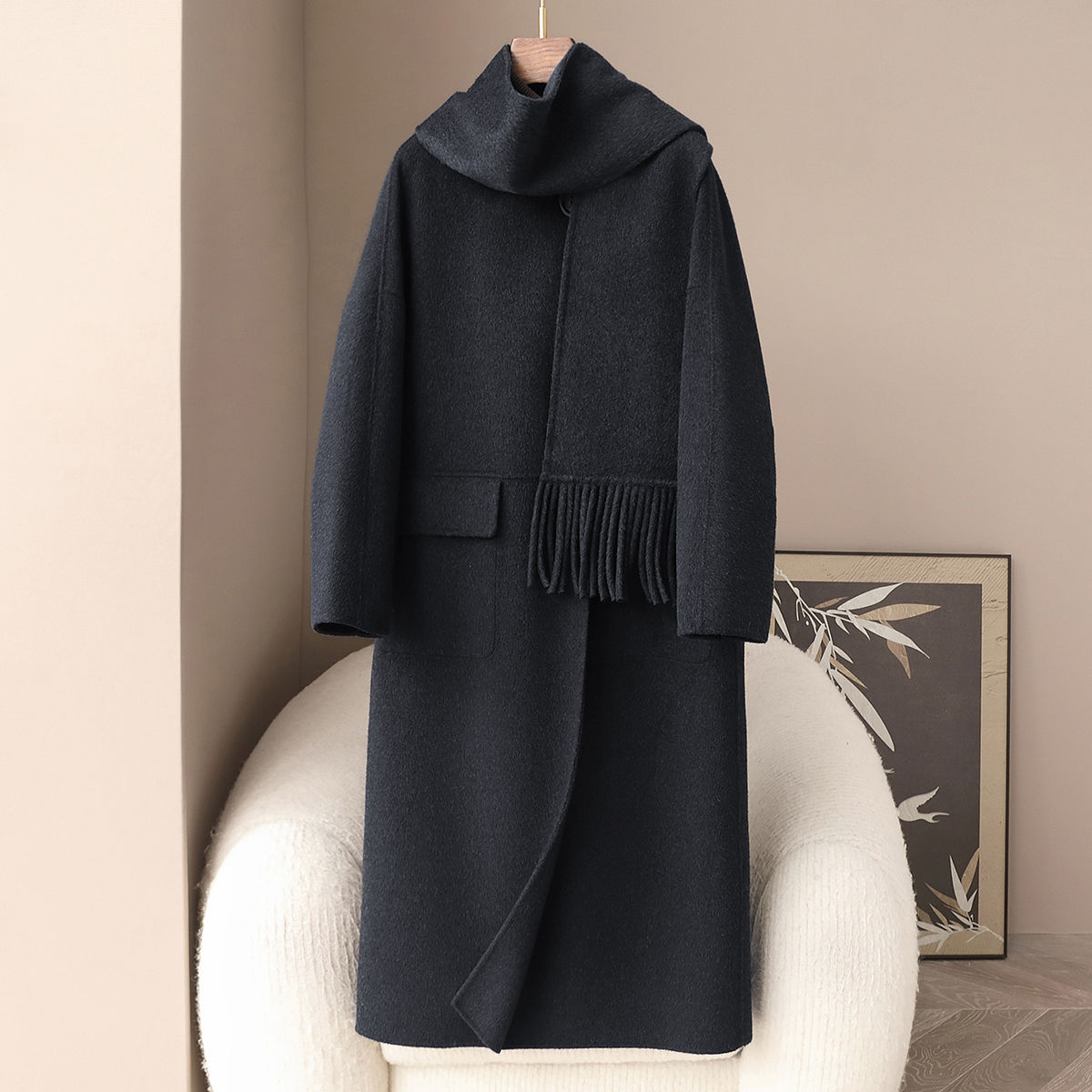 소량의 의류 20% Tencel 10% 캐시미어 2025 봄 분리 가능한 스카프 무릎 길이 양면 트위드 코트