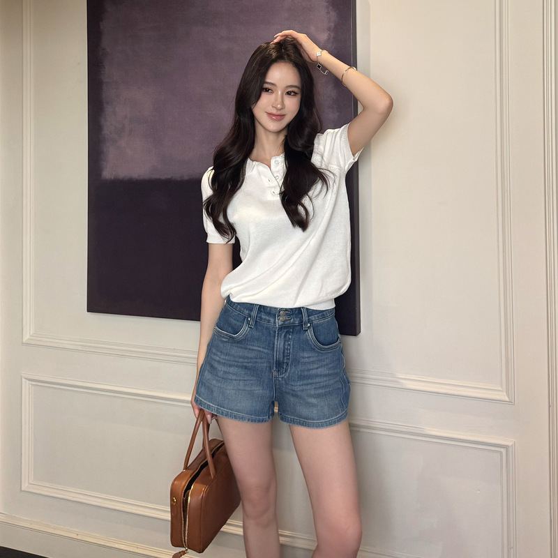 Mcl Four-Way Elastic High-Waisted Denim Shorts for Women 25Ss Summer Sexy Style Two-Button Slimming Look Elastic A-Line Casual Hot Pants