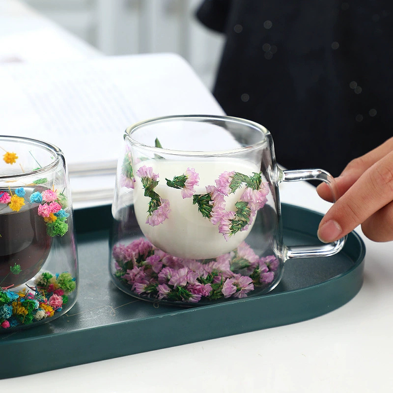 Cross-border Packaging: Trendy Real-flower Glass Cup, High-appearance Coffee Cup Handle, Double-layer Mug With Dried_voghion.com
