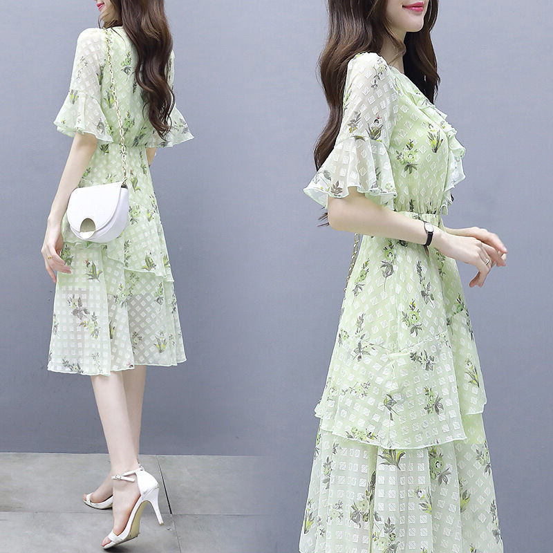 Chiffon dress Women's Summer Mid-length 2024 New Loose Slim Belly Covering Maternity Dress Floral Cake Skirt