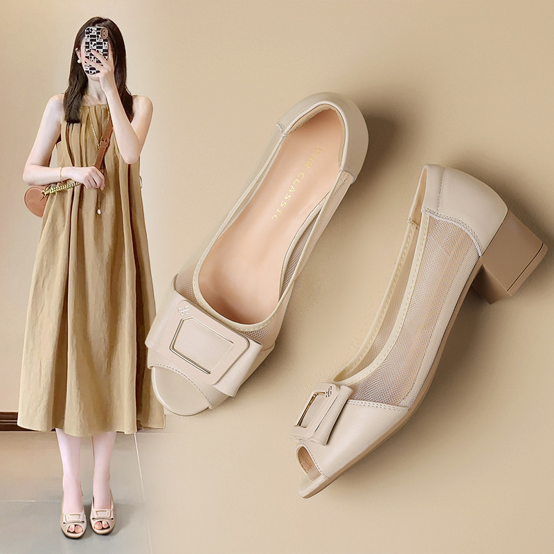 Zhr First-Layer Cowhide Genuine Leather Cut Out Shallow Mouth Thick Heel French Fish Mouth Flats 2025 New Fashion Women's Shoes