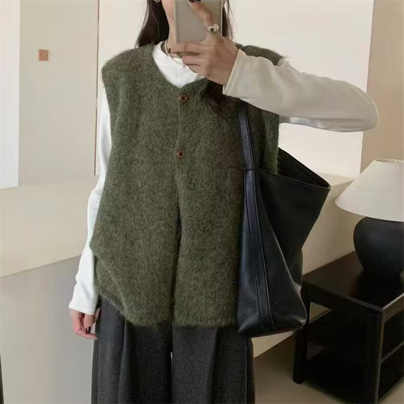 韩版复古百搭简约风无袖毛衣马甲女春秋季新款宽松叠穿针织背心女|undefined