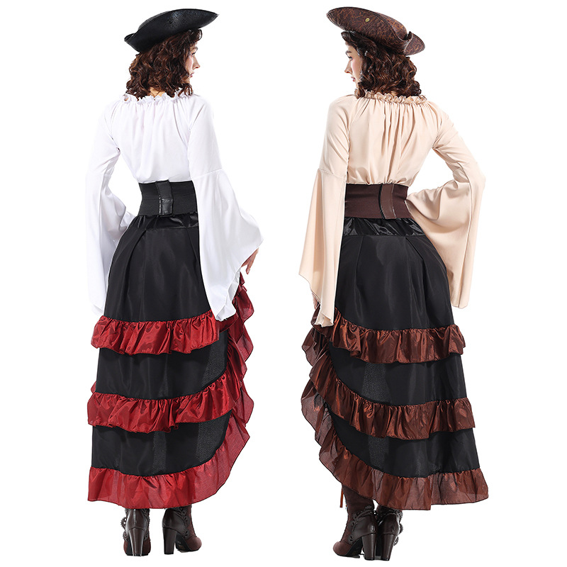 Halloween Costume Medieval Ocean-going Captain Pirate Queen Belted Lotus Leaf Long Dress Voyager cos Costume